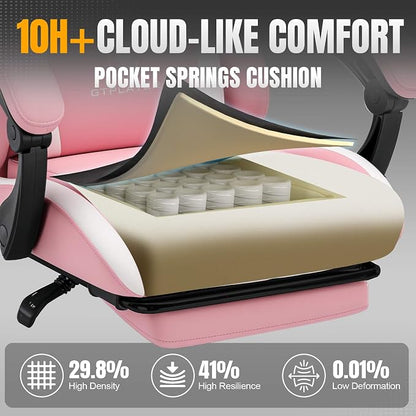 GTPLAYER Gaming Chair with Pocket Spring Cushion, Leather Office Chair with Ergonomic High Back & Lumbar Support for Back Pain Relief, Computer Game Chair for Adults, Pink