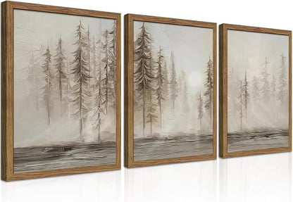 Framed Forest Wall Art Set of 3, Vintage Neutral Tree Canvas Wall Decor Paintings, Abstract Nature Landscape Artwork Pictures Prints for Living Room Office Bedroom 12x16 Inch
