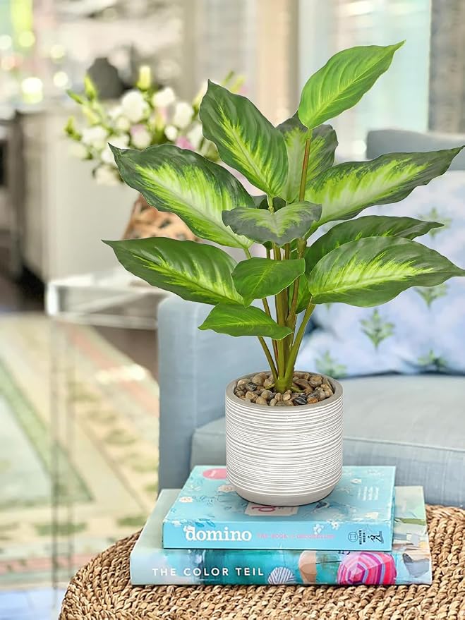 Small Fake Plants Indoor 14.5 Inch Potted Plant Artificial Decor 12 Leaves Faux Plant with Cement Pot Silk House Plants for Home Office Bathroom Kitchen Farmhouse Table Centerpieces Shelf Decor