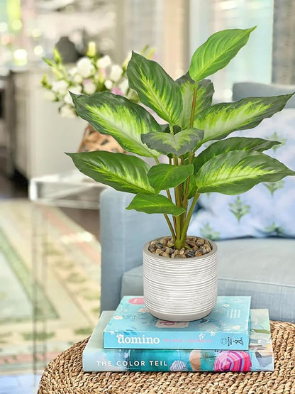 Small Fake Plants Indoor 14.5 Inch Potted Plant Artificial Decor 12 Leaves Faux Plant with Cement Pot Silk House Plants for Home Office Bathroom Kitchen Farmhouse Table Centerpieces Shelf Decor