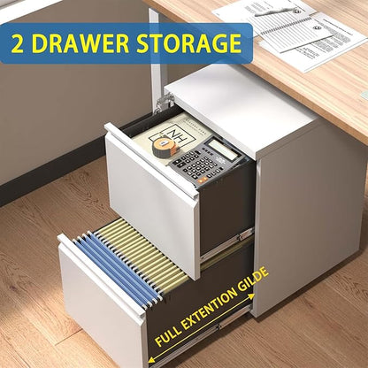 Guizeeopo 2 Drawer Locking File Cabinet, Fully Assembled Heavy-Duty Metal Filing Cabinets for Home Office, Quiet Slides, Anti-Tipping Wheels, Fits A4/Letter/Legal, Matte White