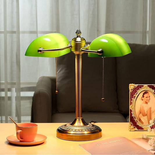 Green Double Head Glass Bankers Desk Lamp,Plug in | Pull Chain Switch Fixture for Library Office Cafe