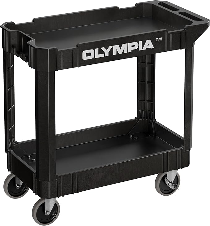 Olympia Tools 2 Shelf Black Rolling Utility Cart - Supports Up to 500 lbs, Comfort Handle - Heavy Duty Carts with Wheels - Great for Warehouse, Garage, Manufacturing, Cleaning