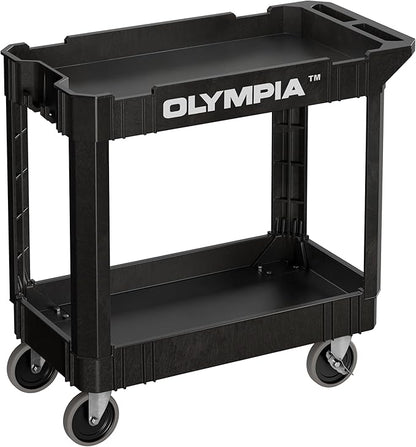 Olympia Tools 2 Shelf Black Rolling Utility Cart - Supports Up to 500 lbs, Comfort Handle - Heavy Duty Carts with Wheels - Great for Warehouse, Garage, Manufacturing, Cleaning