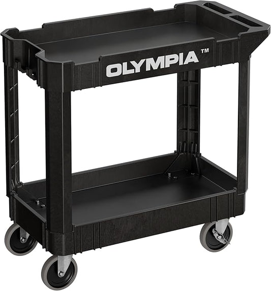 Olympia Tools 2 Shelf Black Rolling Utility Cart - Supports Up to 500 lbs, Comfort Handle - Heavy Duty Carts with Wheels - Great for Warehouse, Garage, Manufacturing, Cleaning