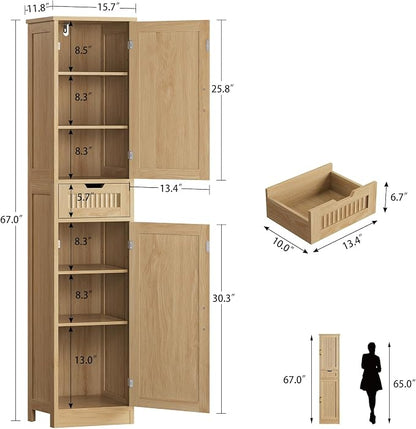 Iwell Tall Narrow Storage Cabinet with 1 Drawer and 2 Doors, Fluted Cabinet with Adjustable Shelves, Rattan Kitchen Cabinet for Bathroom, Living Room, Kitchen, Natural Oak