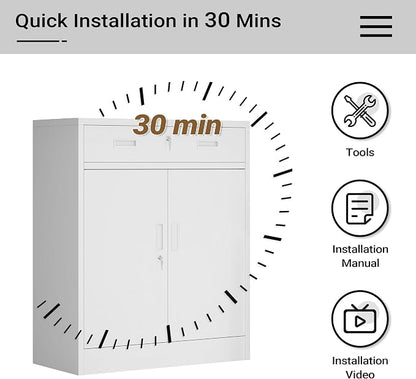 CJF Metal Storage Cabinet, Locking Storage Cabinet with 1 Drawer and Adjustable Shelf, 36" H x 28" W x 16" D White Metal Cabinets for Office, Home, Garage