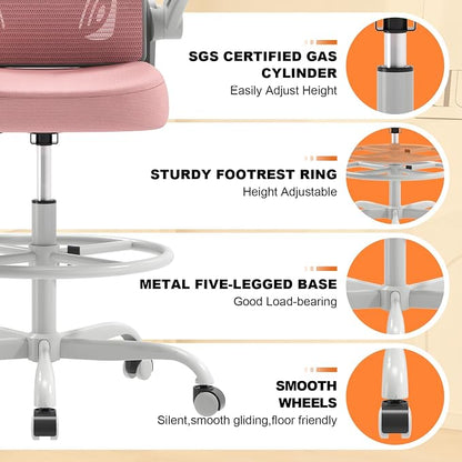 Synorla Ergonomic Drafting Chair, Tall Mesh Office Chair with Flip-up Armrests, Lumbar Support & Adjustable Footrest Ring for Standing Desk Gray Pink
