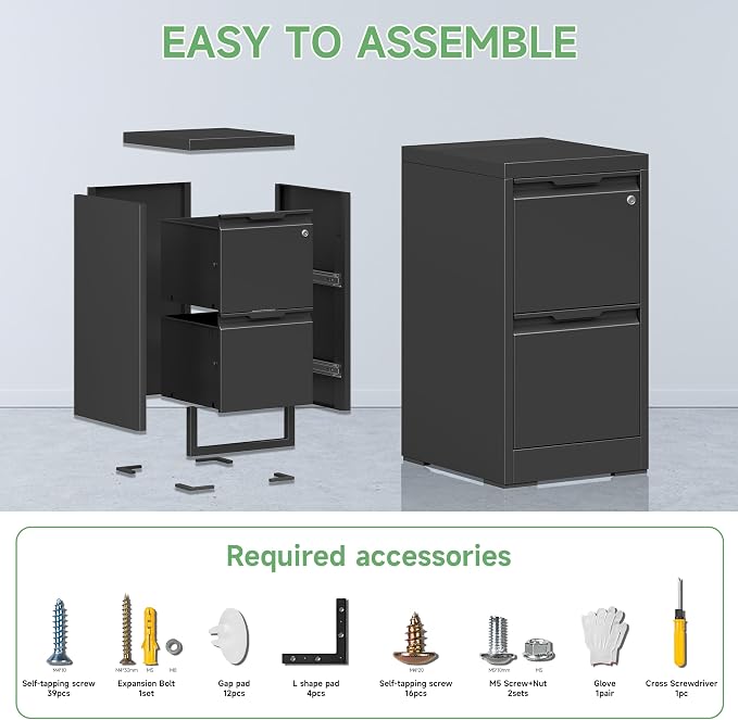 2 Drawer File Cabinet with Lock,Filing Cabinets for Home Office,Metal Small File Cabinet for Letters/Legal/A4 Size, Assembly Required,Black 2 Drawer