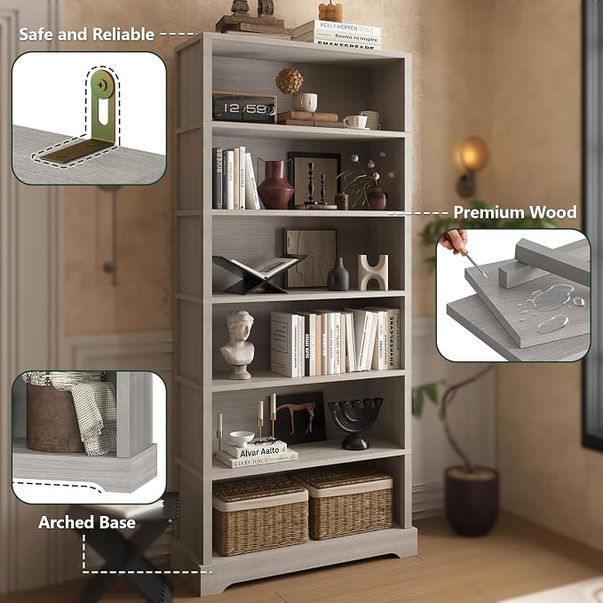 TVU 6-Tier Wooden Bookshelf, 77.2" Tall Farmhouse Style Open Bookcase, 31.5" W Standing Book Shelf with Storage, Suitable for Study, Living Room, Office, Grey