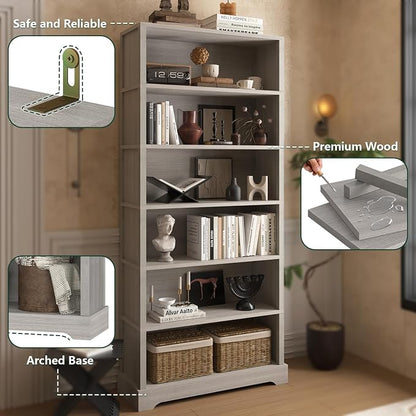 TVU 6-Tier Wooden Bookshelf, 77.2" Tall Farmhouse Style Open Bookcase, 31.5" W Standing Book Shelf with Storage, Suitable for Study, Living Room, Office, Grey