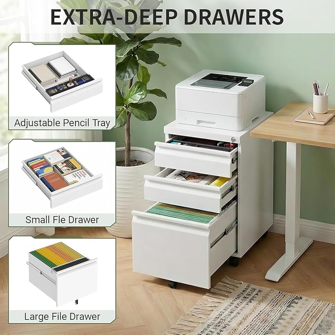 3 Drawer Metal File Cabinet with Lock, Fully Assembled Mobile Filing Cabinet on Wheels, Under Desk Office Storage Organizer for Letter/Legal/A4 Files, White