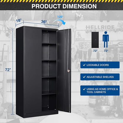 Fesbos Metal Storage Cabinet-71” Tall Steel File Cabinets with Lockable Doors and Adjustable Shelves-Black Steel Storage Cabinet for Home,Kitchen, School, Office, Garage