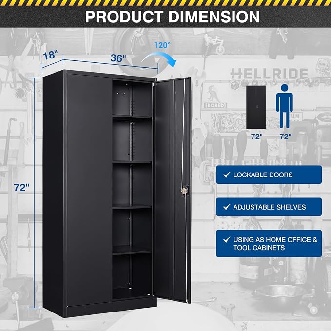Fesbos Metal Storage Cabinet-72” Black Tall Steel File Cabinets with Lockable Doors and Adjustable Shelves-Black Steel Storage Cabinet for Kitchen, Office, Garage