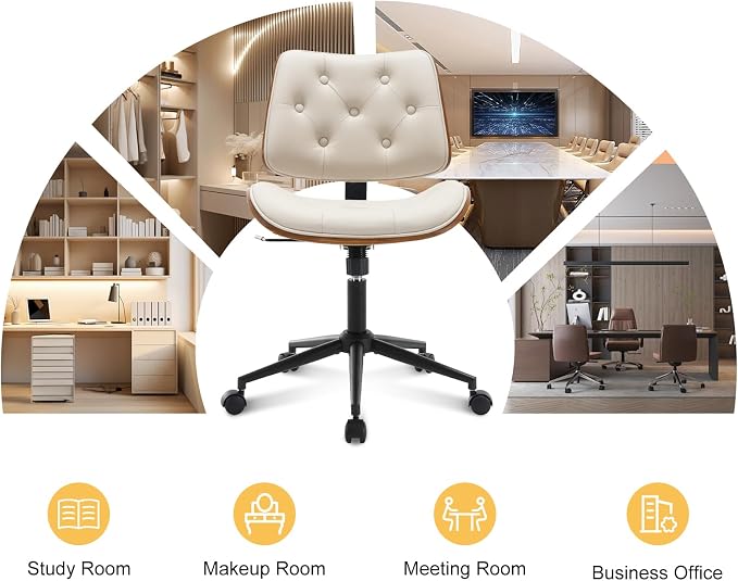 BV Armless Desk Chair with Wheels, 360 Swivel Home Office Chair No Arms, Height Adjustable Task Chair for Small Space, PU Leather Office Chair, Rolling Chair for Reading Room, Conference Room, Beige