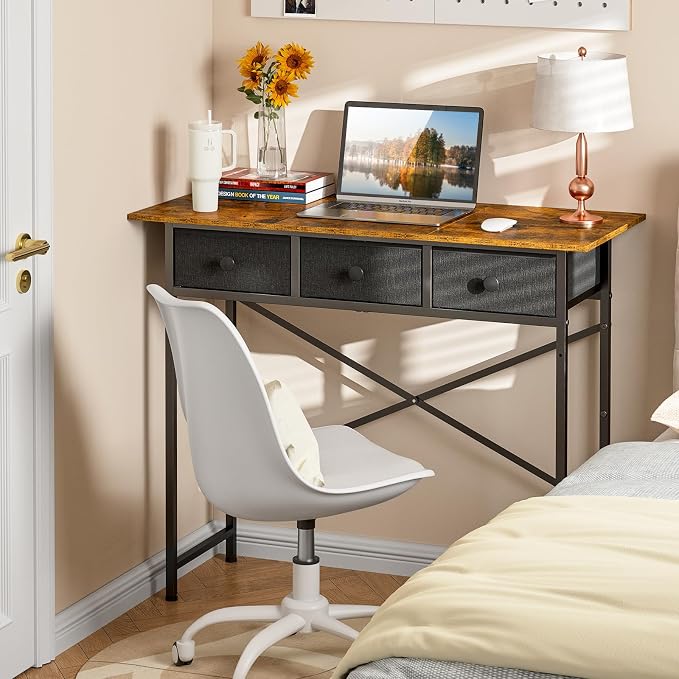 Small Writing Desk with 3 Drawers for Bedroom, 37.2 Inch Computer Desk for Small Spaces, Simple Desk with Drawers for Kids Bedroom, Home Office, Dorm, Living Room, Home Study Table, Rustic Brown
