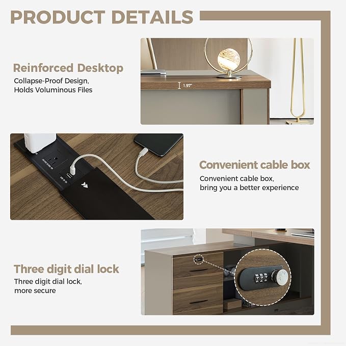 L Shape Executive Desk with Reversible Drawer Cabinet, Lockable Storage & Cable Box, Large Modern Office Desk for CEO or Home Workspace (Black Walnut+Khaki, 95" L*71" W*30" H)