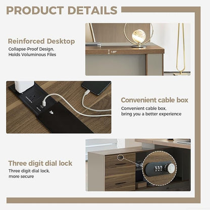 L Shape Executive Desk with Reversible Drawer Cabinet, Lockable Storage & Cable Box, Large Modern Office Desk for CEO or Home Workspace (Black Walnut+Khaki, 95" L*71" W*30" H)