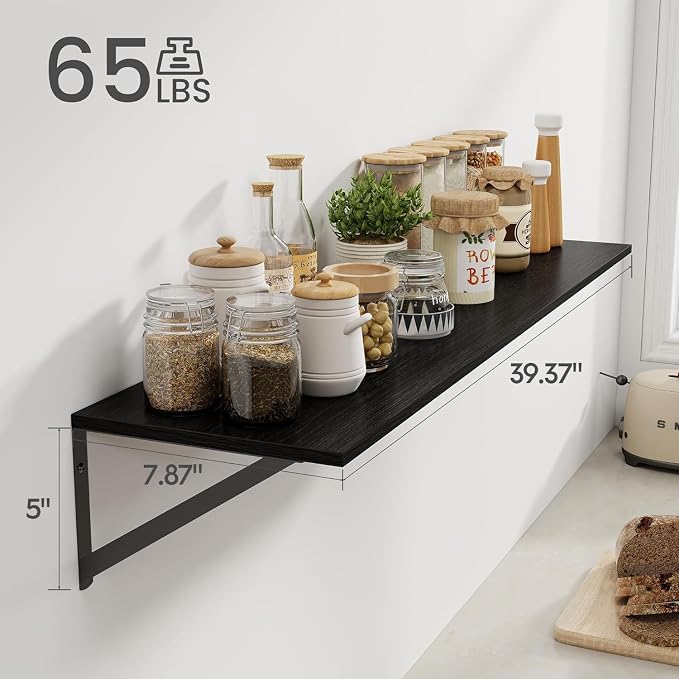 Heimlove Black Deep Floating Shelves for Wall, 40W x 8D Wood Wall Shelves Set of 2, Wide Floating Bookshelf for Living Room, Kitchen, Office, Bedroom and Decor Storage, with Metal Bracket - Black