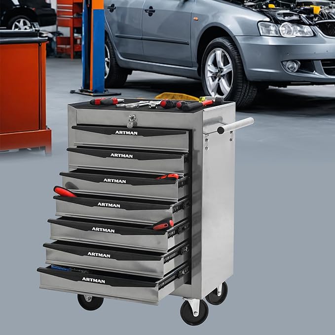 RYH 7 Drawers Rolling Tool Chest & Tool Box on Wheels | Heavy Duty Metal Cart with Ball Bearing Drawers | Fits US General Tool Box for Garage Storage (Silver, 7 Drawers（30.5" H × 20.9" W × 13" D)