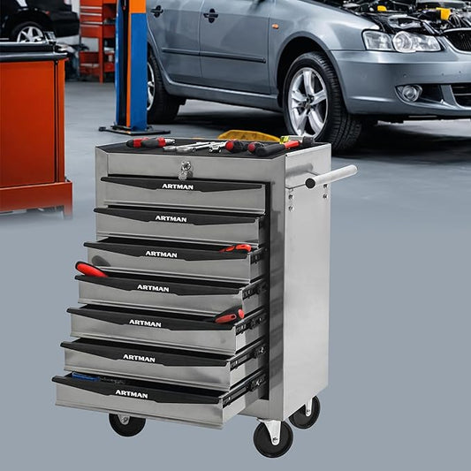 RYH 7 Drawers Rolling Tool Chest & Tool Box on Wheels | Heavy Duty Metal Cart with Ball Bearing Drawers | Fits US General Tool Box for Garage Storage (Silver, 7 Drawers（30.5" H × 20.9" W × 13" D)