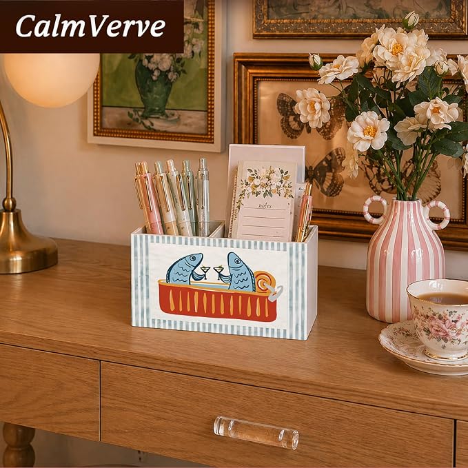 Funny Sardine Fish Pen Pencil Holder for Desk, Coastal Beach Office Decor, Blue Striped Fish Martini Pencil Holders Wooden Box Organizer for Home Bedroom Office Desk Tabletop