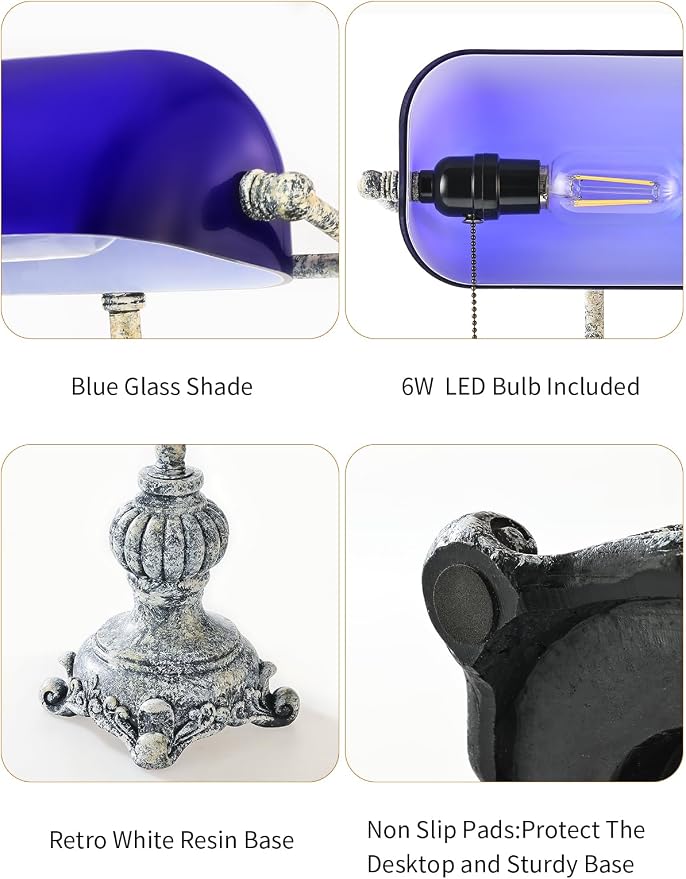 Retro Blue Glass Bankers Desk Lamp,LED Bulb Included | Home Office Library with Pull Chain Switch Plug in Fixture