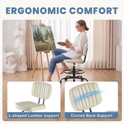 DUMOS Armless Drafting Chair, Low Back Office Seat with Adjustable Footrest Ring for Standing Desk, Ergonomic PU Leather Office Seating, Swivel Rolling High Stool for Studio, Lab, Counter, Beige