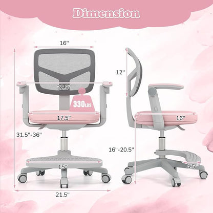 Giantex Kids Desk Chair, Ergonomic Adjustable Student Rolling Chair with Footrest & Flip-up Armrest, Mesh Children Office Chair with Universal Wheels, Kids Computer Chair for Boys & Girls, Pink