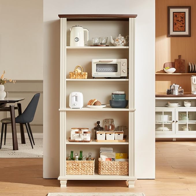 SAVOR LIFE 70" Tall White Bookshelf,5 Tier Wood Book Shelf with Adjustable Shelves & Wood Legs,Free Standing Farmhouse Bookcase with Open Display Storage,Vintage Kids Bookshelves for Nursery,2PCS
