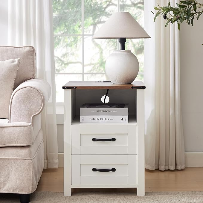 Farmhouse Coffee Table and End Table Sets of 3, 3 Piece Living Room Table Set with Charging Station, Lift Top Coffees and 2 Drawer Dresser, Wood Furniture Sets with Storage, White