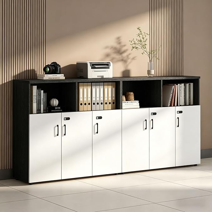 File Cabinet with Password Lock, Wood Lateral Filing Cabinet for Letter/A4 Files, 3 Drawer with Door, Printer Stand with Open Shelves for Home Office