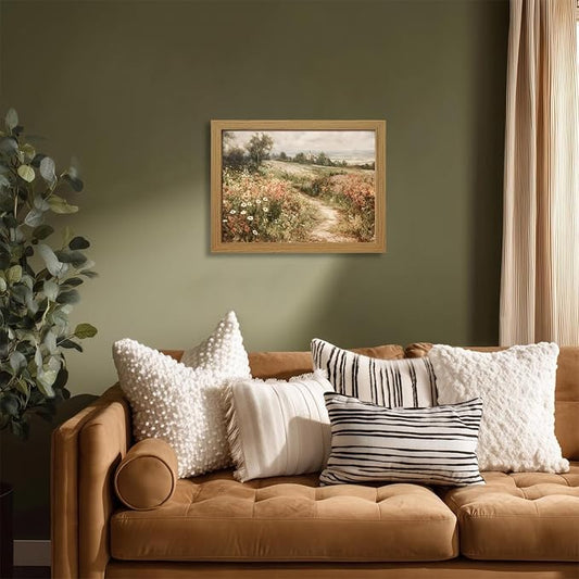 CXQILVER Framed Vintage Cottagecore Landscape Wall Art, Wildflower Meadow Path Canvas Wall Decor Rustic Farmhouse Floral Nature Artwork for Living Room Bedroom Bathroom Home Decor 16x24 inch Framed