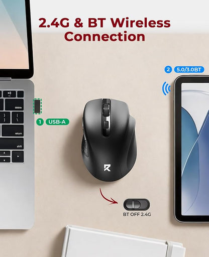 Redragon Wireless Mouse BT5.0/3.0 & 2.4G, 6 Buttons, 5 Level 4000DPI Bluetooth Mouse, 18 Months Battery, Portable Optical Computer Mice for Laptop, PC, Chromebook, Windows, Mac-Black