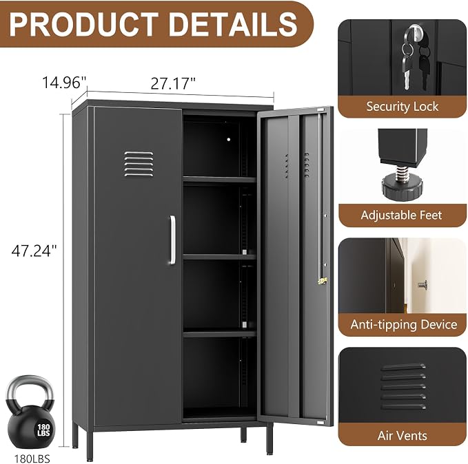 pozdeg 47.24" Metal Storage Locker with Lockable, Employees Metal Steel Locker with 2 Door ＆ 3 Adjustable Shelves, Small Locker Storage Cabinets for Home, School, Office, Gym (Black)