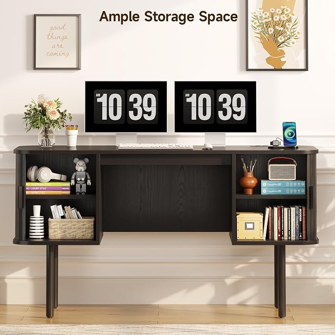 ONBRILL 55 Inch Fluted Computer Desk with Charging Station, Mid Century Executive Desk with 2 Storage Cabinets, Modern Home Office Large Desk with Metal Legs for Working, Studying, Writing, Black