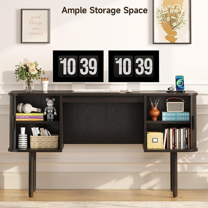 ONBRILL 55 Inch Fluted Computer Desk with Charging Station, Mid Century Executive Desk with 2 Storage Cabinets, Modern Home Office Large Desk with Metal Legs for Working, Studying, Writing, Black