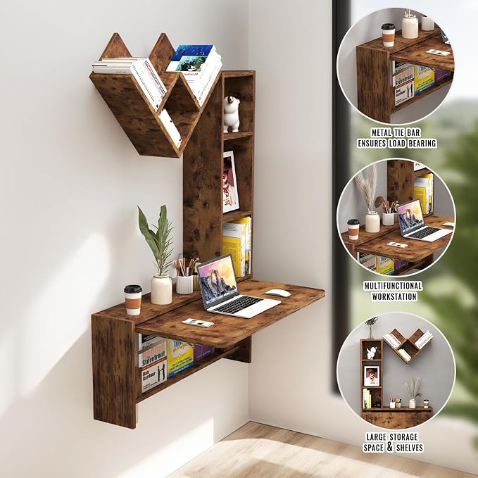 Folding Wall Mounted Drop Leaf Table, Foldable Desk with Moveable Cabinets, Floating Laptop with Convertible Storage Shelves, Multifunctional Computer Workstation in Home for Space Saving