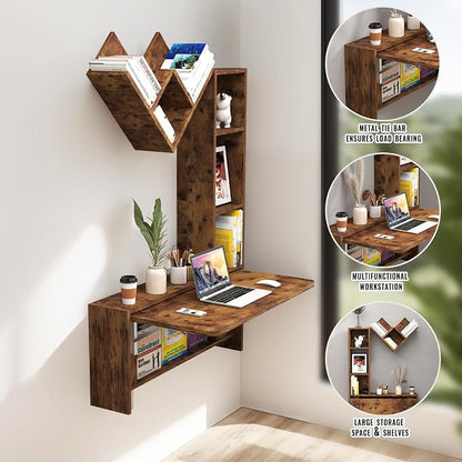 Folding Wall Mounted Drop Leaf Table, Foldable Desk with Moveable Cabinets, Floating Laptop with Convertible Storage Shelves, Multifunctional Computer Workstation in Home for Space Saving