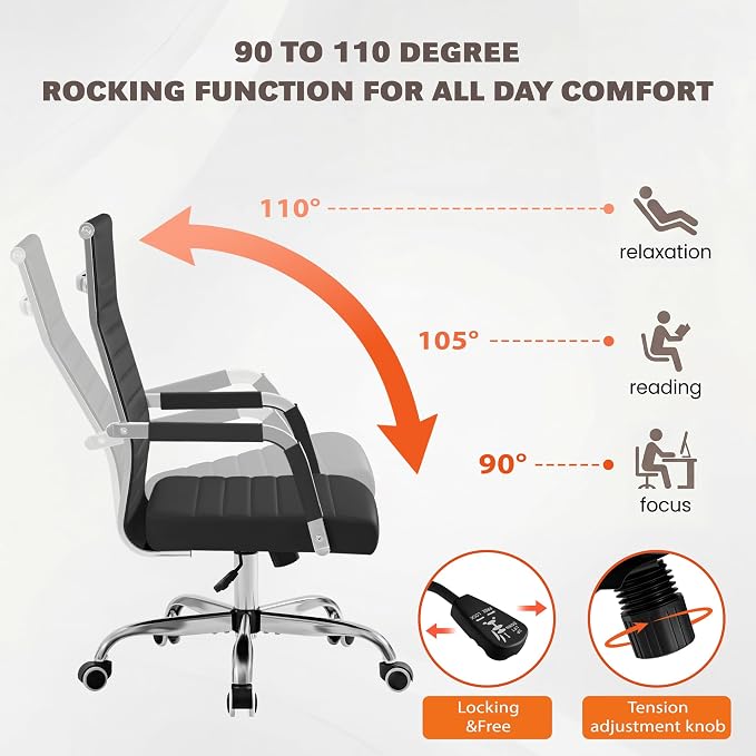 Furmax Ergonomic Office Desk Chair, Executive Ribbed Mid-Back PU Leather Conference Room Chair Adjustable Swivel Chair with Arms (2 pcs, Black)