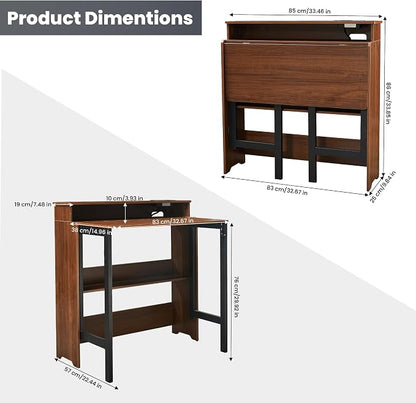 Fold Out Desk with Charging Station, Folding Desk with Monitor Stand,Storage Shelf,Small Foldable Desk for Compact Home Office Spaces