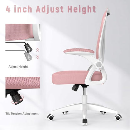 naspaluro Ergonomic Office Chair, Computer Chair with Adjustable Height, Flip-Up Arms and Lumbar Support, Breathable Mesh Desk Chair for Home Study Working (Without Headrest, Pink)