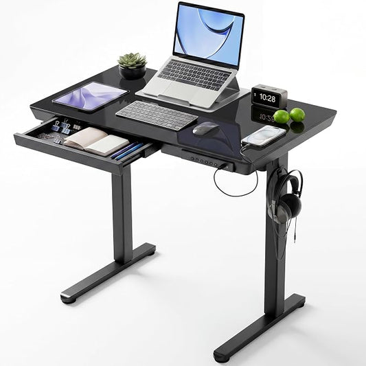 Claiks Small Glass Standing Desk with Drawers & USB Ports, 35 Inch Adjustable Stand Up Desks with Storage, Quick Install One-Piece Computer Desks for Small Space and Home Office, Black