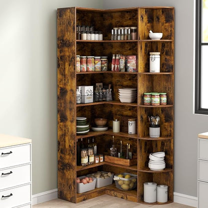 Loomie Bookshelves, 6 Tiers Shelf Large Tall Corner Etagere Bookcase with Full Baffle, L-Shaped Modern Storage Display Industrial Book Shelf for Bedroom, Home Office, Living Room & Kitchen, Rustic