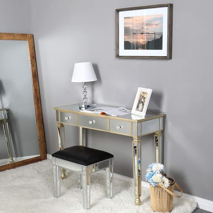 Henf Mirrored Console Table, Modern Makeup Vanity Desk Dressing Table with 3 Drawers, Contemporary Vanity Sofa Table for Entryway/Living Room/Bedroom (Champagne Gold)