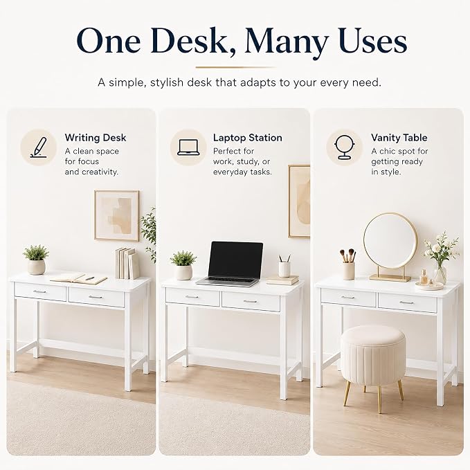 4NM 39.4" Small Desk with Wood Drawers, Home Office Computer Desk with Wooden Legs, Study Writing Table Vanity Desk for Small Spaces - White