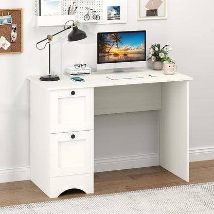 Giantex Computer Desk with 2 Drawers, 43” Wooden Home Office Desk with Charging Station, Compact Study Writing Desk, Modern Laptop PC Desk Computer Workstation for Bedroom, Living Room (White)