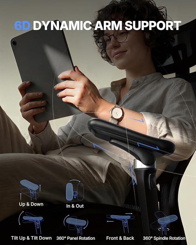 HUANUO FlowLift™ Ergonomic Office Chair with 6D Armrest, Seat Depth Adjustment, Lumbar Support, Quiet Rubber Caster, High Back Mesh Desk Chair with 3D Headrest, Big and Tall Chair for Home Office