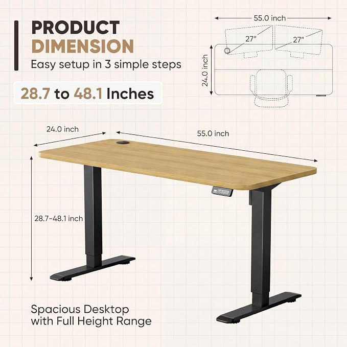 Furmax Electric Height Adjustable Standing Desk Large 55 x 24 Inches Sit Stand Up Desk Home Office Computer Desk Memory Preset with T-Shaped Metal Bracket, Maple