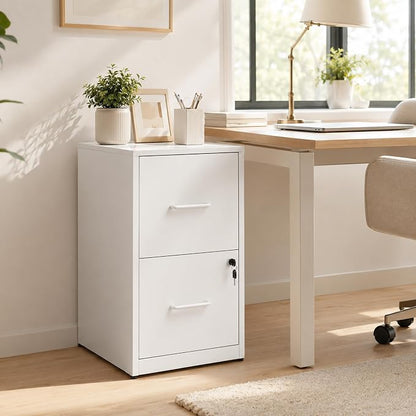 SAWJEC 2 Drawer File Cabinet with Lock, Small Metal Filing Cabinet for Home Office, Vertical Locking File Cabinet with Letter Size Hanging Files, White, 25.6" H x 15.0" W x 17.7" D
